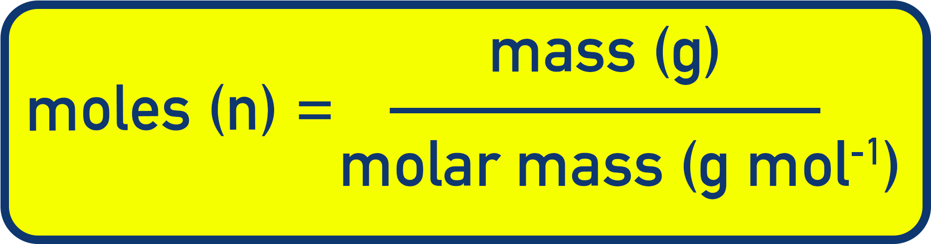 Formula banner: moles (n) equals mass in grams divided by molar mass in g mol⁻¹
