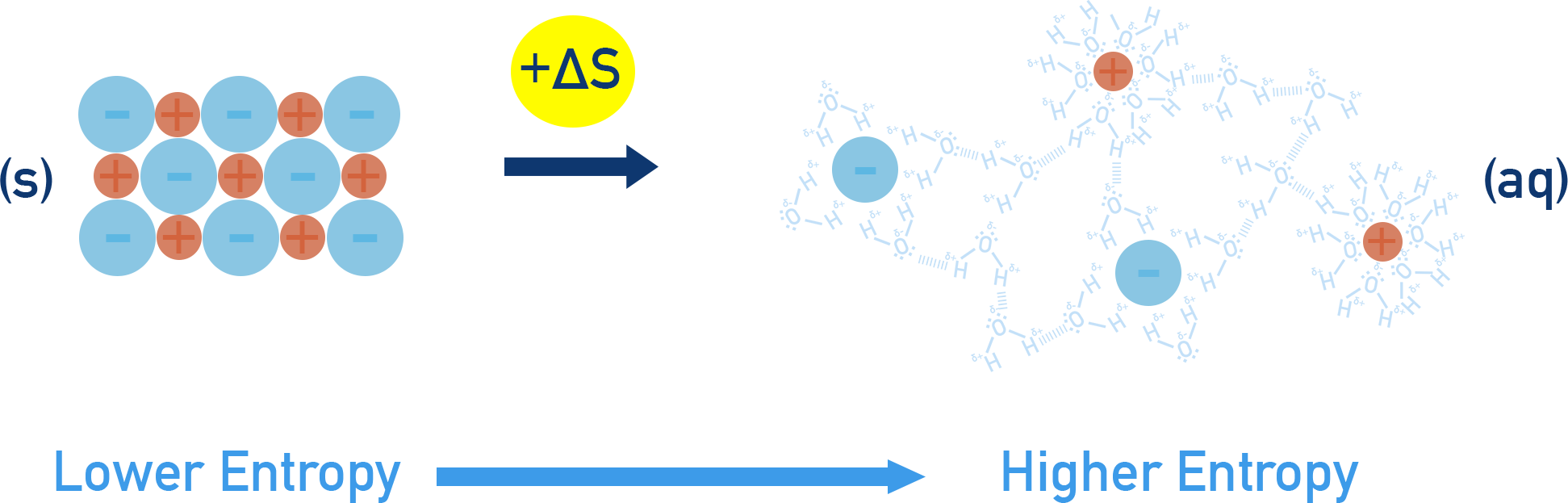 AP Chemistry diagram comparing lower entropy in an ionic solid lattice to higher entropy for hydrated ions in solution.