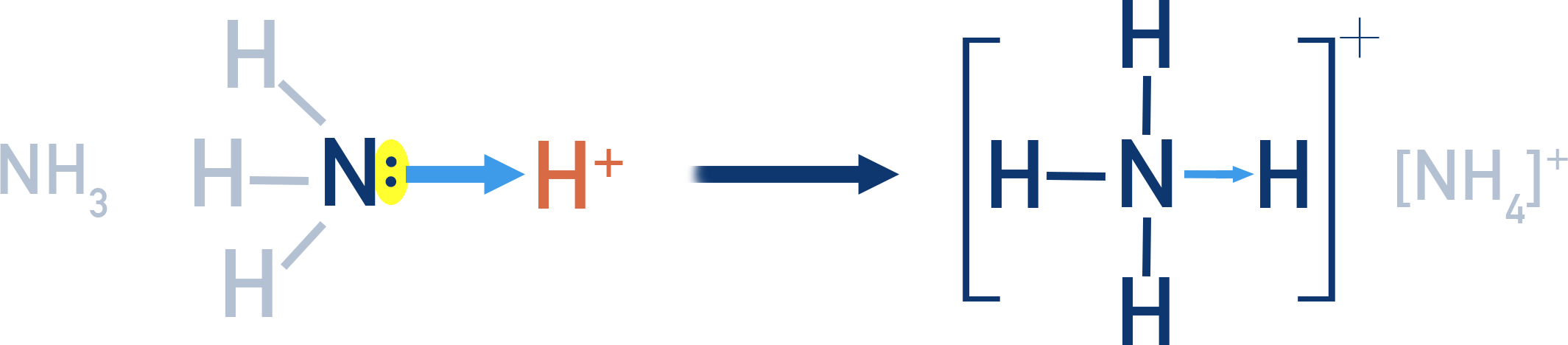 AQA A-Level Chemistry ammonium ion formation showing NH3 donating lone pair to H+ forming NH4+