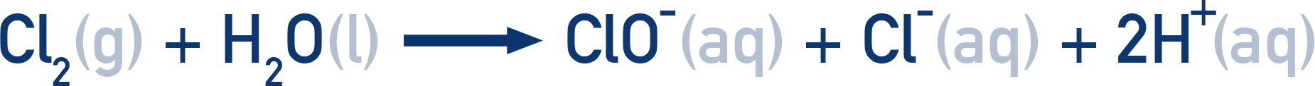 Chlorine + water ⇌ hydrochloric acid + chloric(I) acid (disproportionation)
