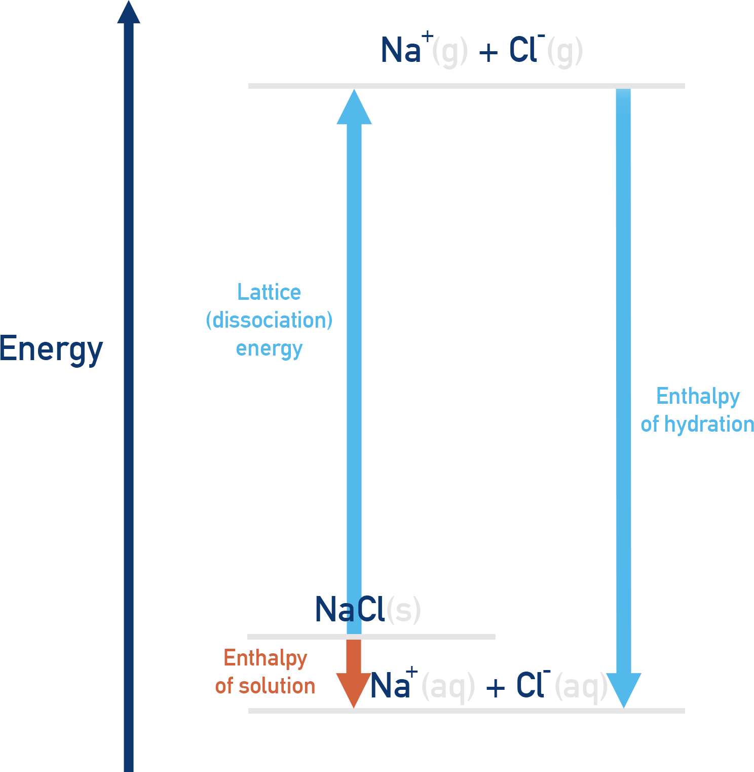 Edexcel A-Level Chemistry Born–Haber type cycle linking solution enthalpy, lattice enthalpy, and hydration enthalpies.