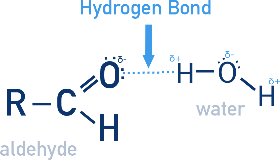 Edexcel A-Level Chemistry diagram showing hydrogen bonding between water and the carbonyl oxygen of an aldehyde or ketone.
