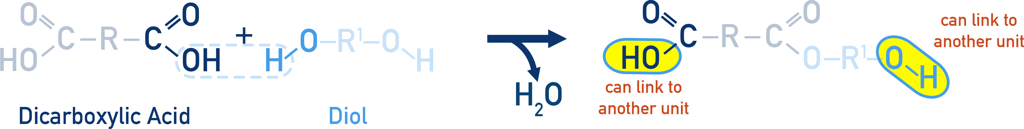 Edexcel A-Level Chemistry schematic showing diol and dicarboxylic acid forming a polyester via ester bonds.