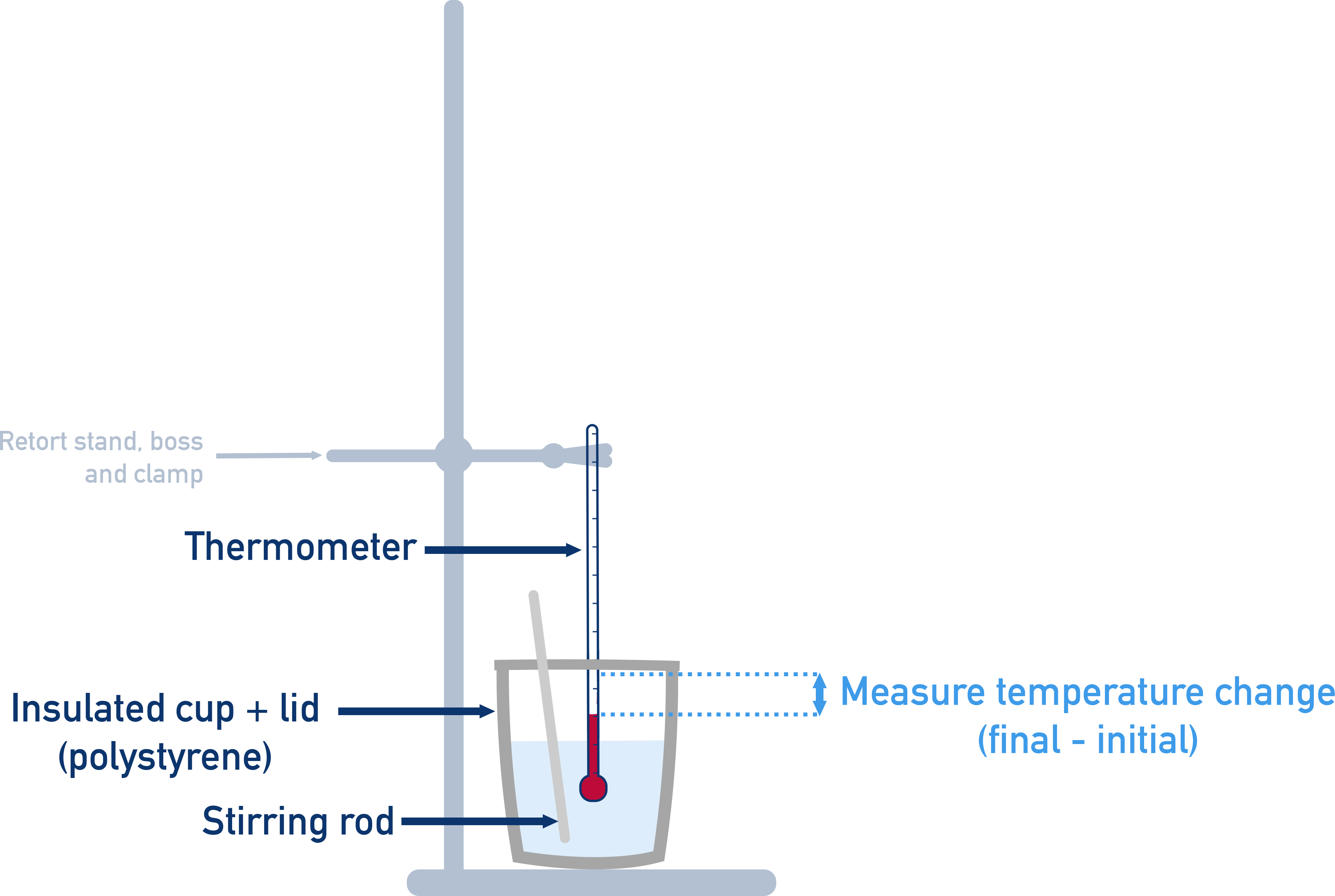 Edexcel A-Level Chemistry calorimetry setup using a polystyrene cup for measuring enthalpy change.