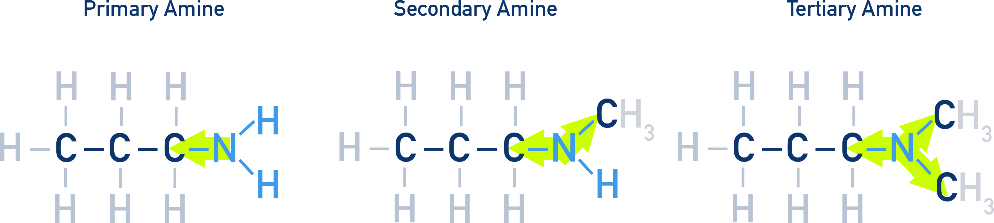 IB Chemistry diagram showing classification of amines into primary, secondary, and tertiary depending on number of alkyl groups attached to nitrogen.