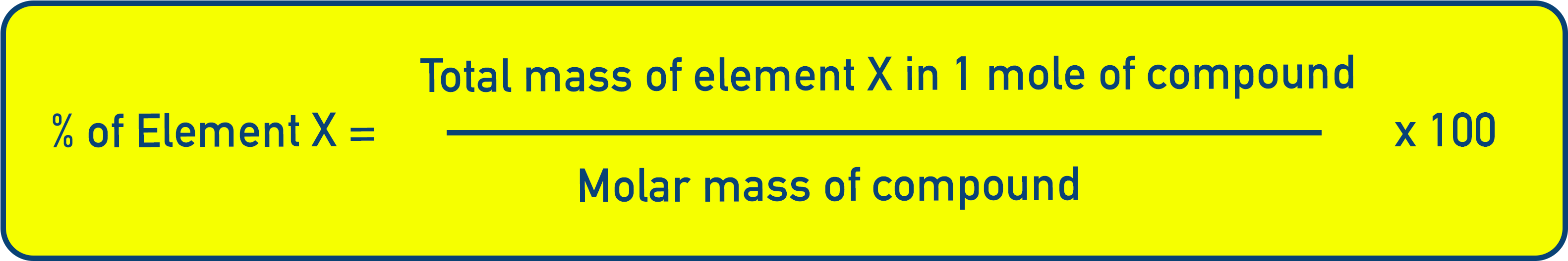 NCERT 11 Chemistry formula diagram showing percentage composition equation as (mass of element / molar mass) × 100.