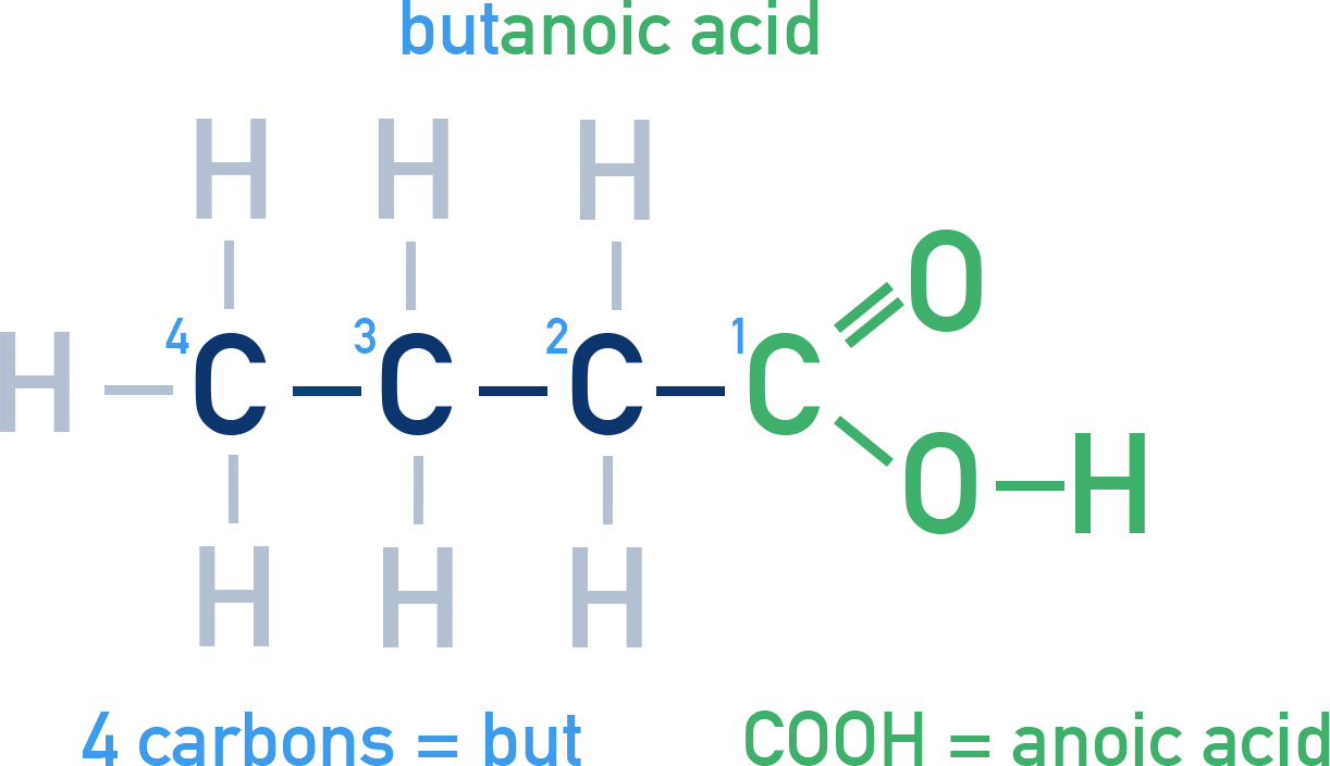 NCERT 11 Chemistry structure diagram showing naming of CH3CH2CH2COOH as butanoic acid with carboxyl functional group priority.