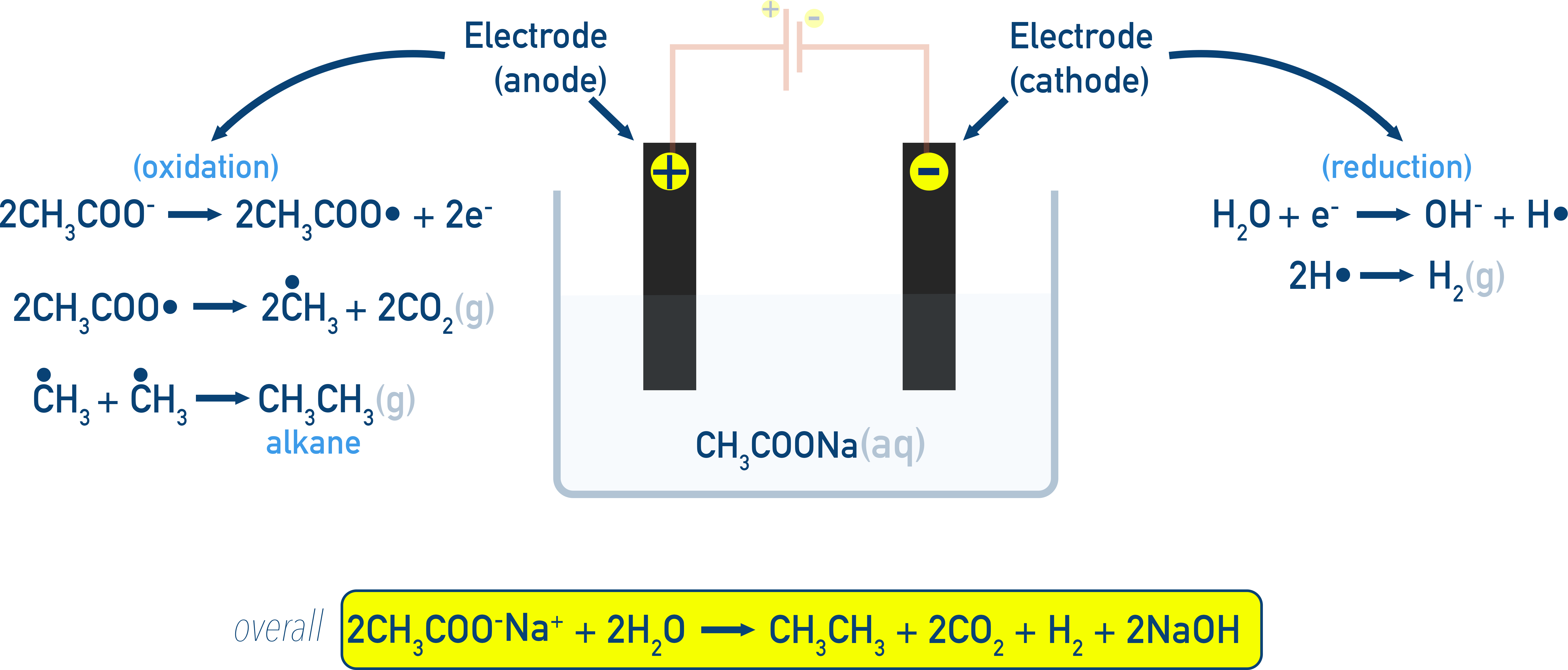 NCERT 11 Chemistry Kolbe electrolysis showing decarboxylative coupling of carboxylates to form alkanes with evolution of CO2 and H2.