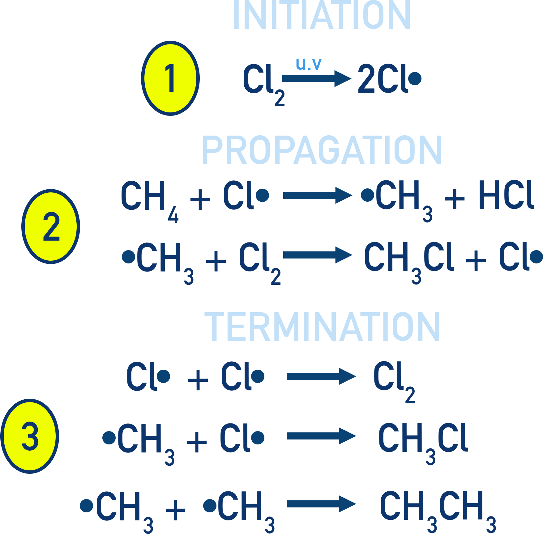 NCERT 11 Chemistry free-radical mechanism steps for halogenation of methane including initiation, propagation, and termination.