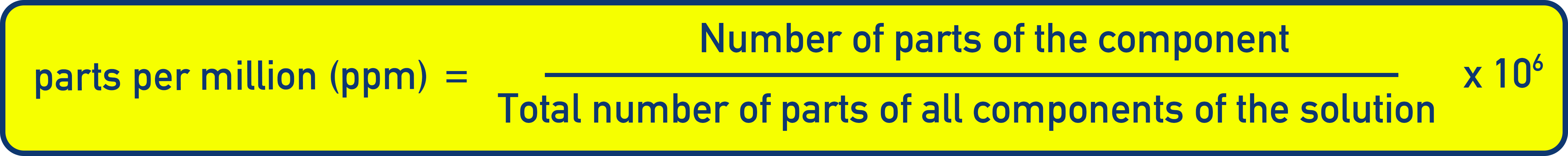 NCERT 12 Chemistry formula image showing parts per million equals mass of component divided by total mass of solution times 10^6.