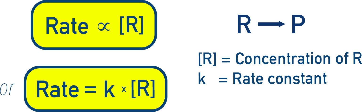 NCERT 12 Chemistry graphic showing proportionality of rate to concentration for R → P and definition of rate constant k.