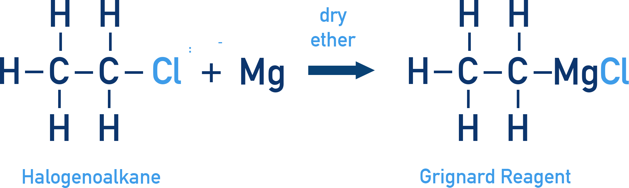 NCERT Class 12 Chemistry preparation of a Grignard reagent RMgX from a haloalkane and magnesium in dry ether.