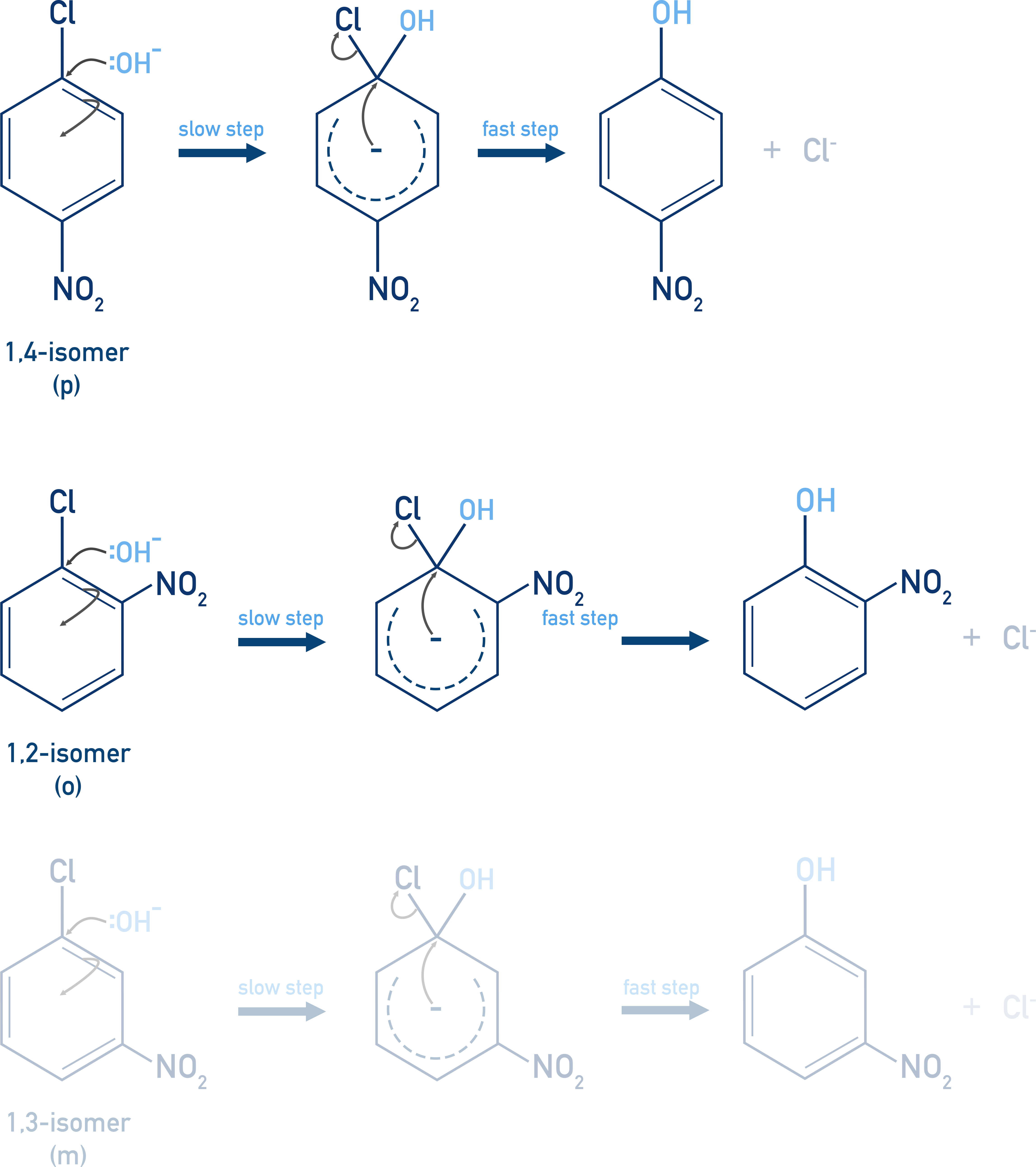 NCERT Class 12 Chemistry addition-elimination (Meisenheimer) mechanism for nucleophilic substitution on nitro-activated aryl halides.