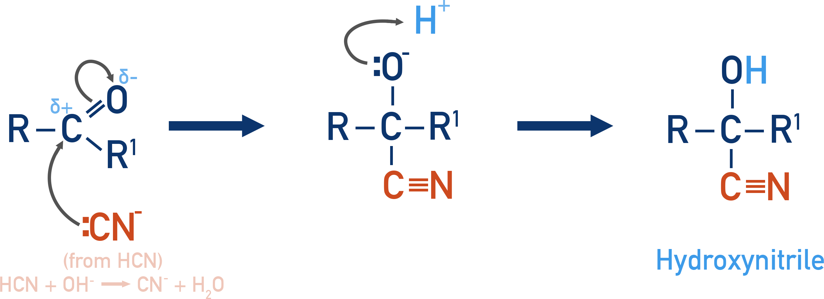 NCERT 12 Chemistry addition of HCN to an aldehyde forming a cyanohydrin intermediate.