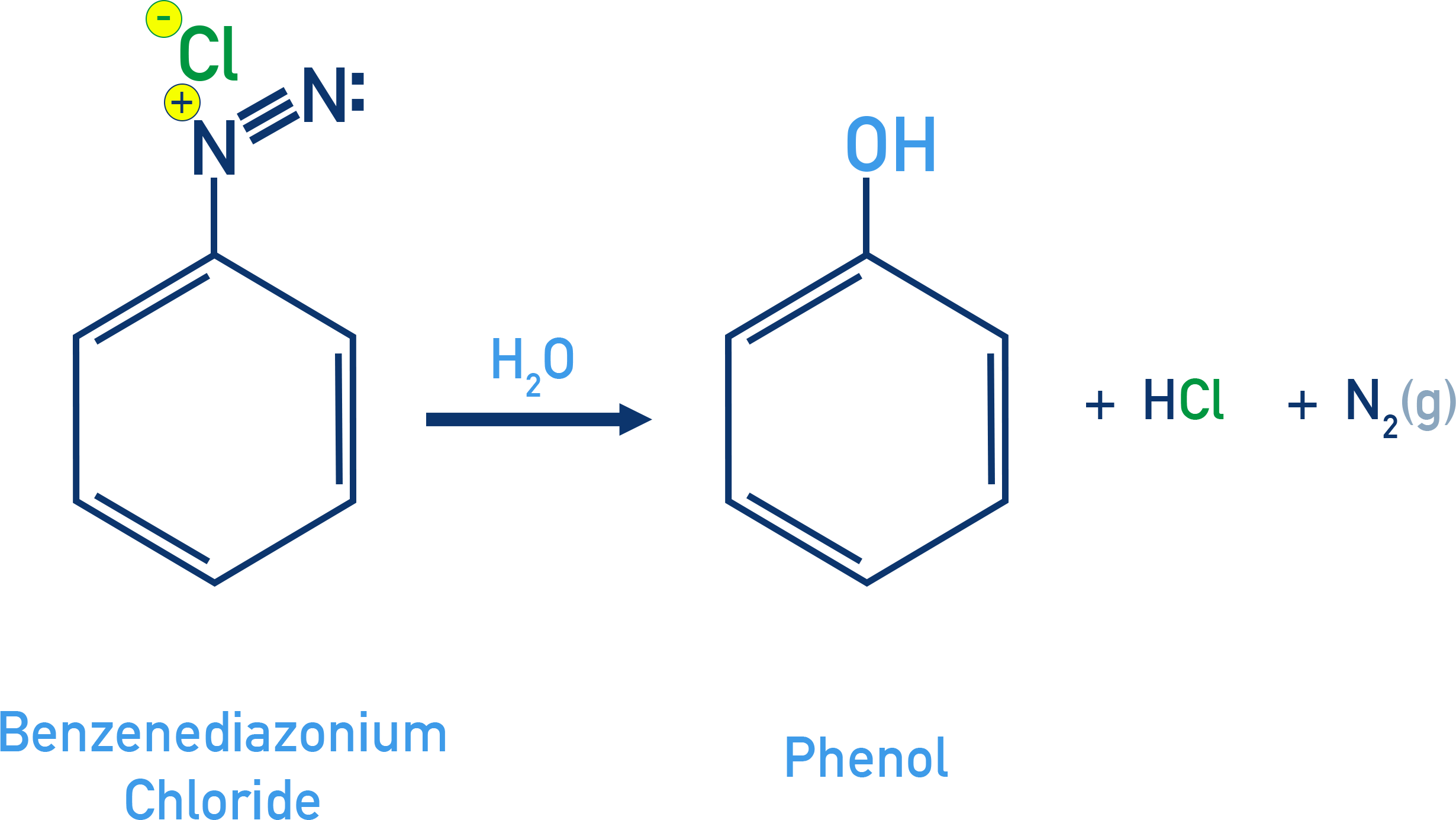 NCERT 12 Chemistry hydrolysis of benzenediazonium chloride to phenol with evolution of nitrogen and formation of HCl.