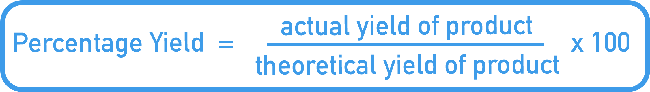 OCR (A) A-Level Chemistry formula diagram showing percentage yield as actual yield divided by theoretical yield times 100.