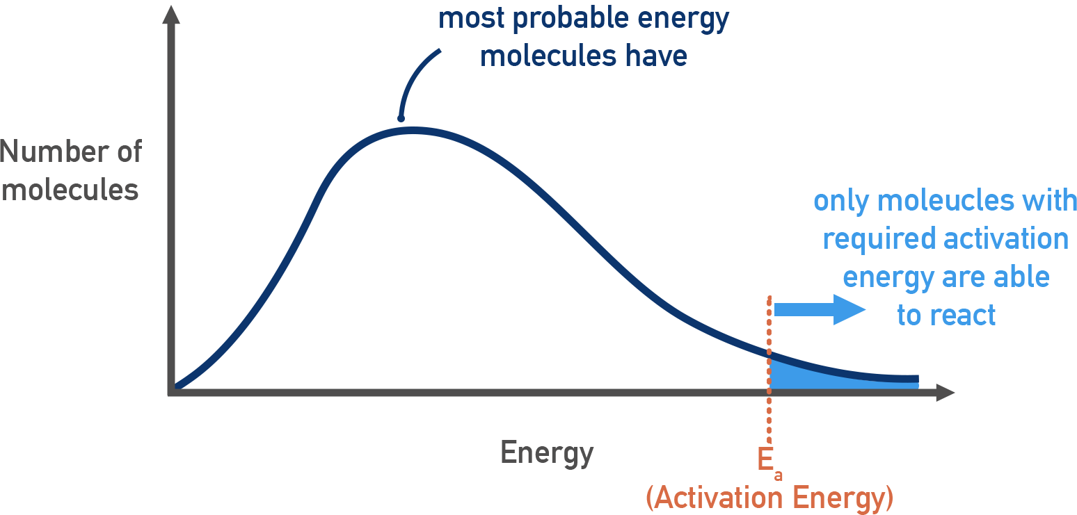 OCR (A) A-Level Chemistry Maxwell-Boltzmann distribution curve showing peak, origin, and long tail to the right.
