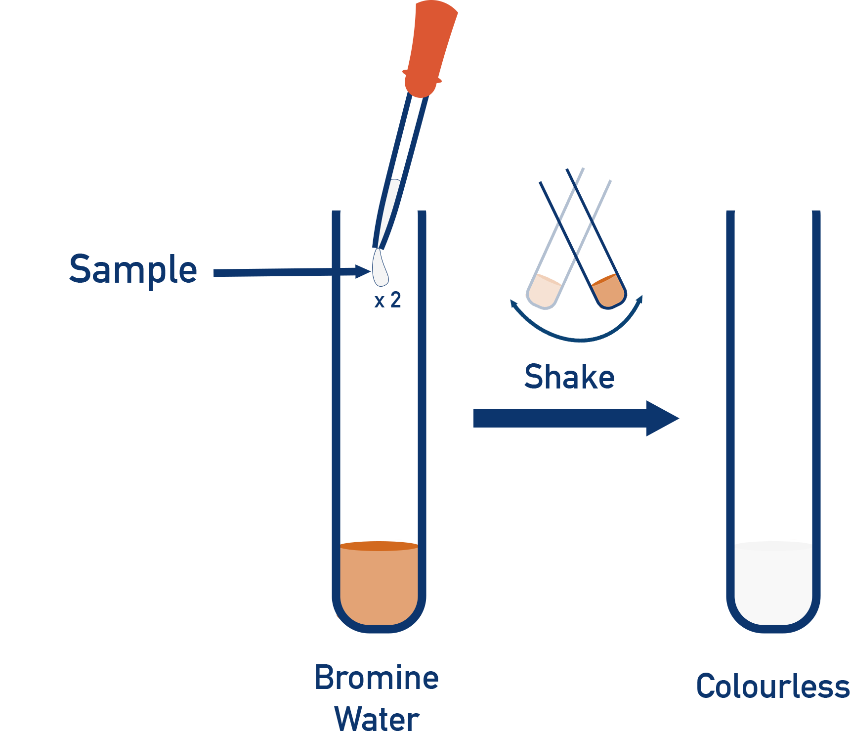 OCR (A) Chemistry test for alkenes using bromine water turning from orange to colourless.